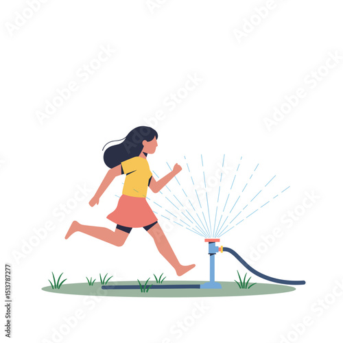 Girl running through garden sprinkler in summer on green grass  