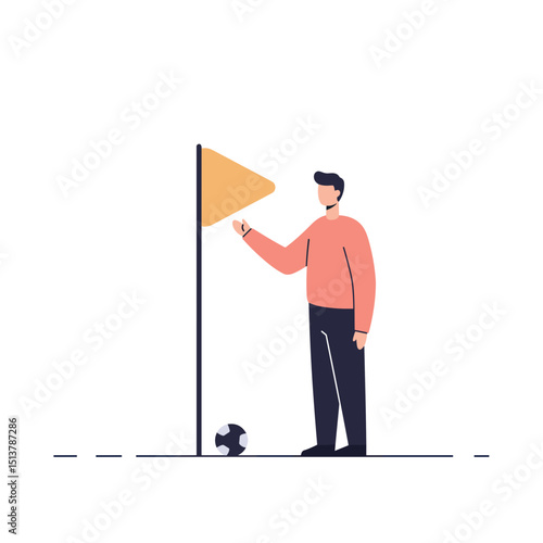 Linesman standing near corner flag and holding flag on soccer field  