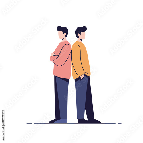 Two men standing apart not talking with arms crossed and relaxed  