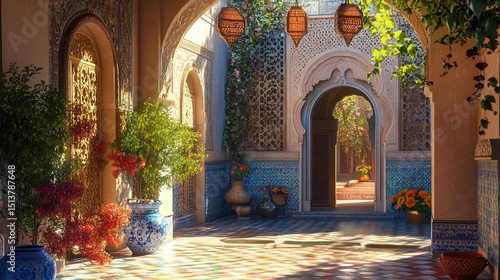 Moroccan riad courtyard, intricate tile mosaics, arched doorways, colorful lanterns, sunlight through lattice