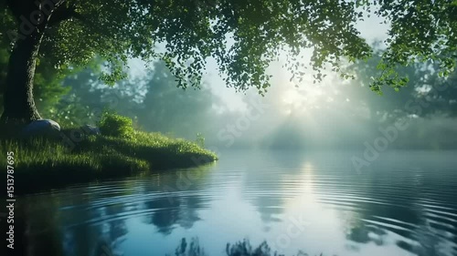 Serene morning by a tranquil lake surrounded by lush greenery and soft sunlight filtering through trees