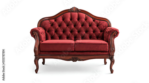 A red velvet couch with a wooden frame