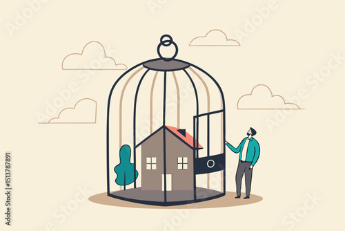 Mortgage payment problem, housing debt in economic crisis concept, worried house owner businessman standing with his house inside locked bird cage.