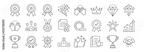 Line art icon collection representing achievement success and recognition, Modern thin line icons set