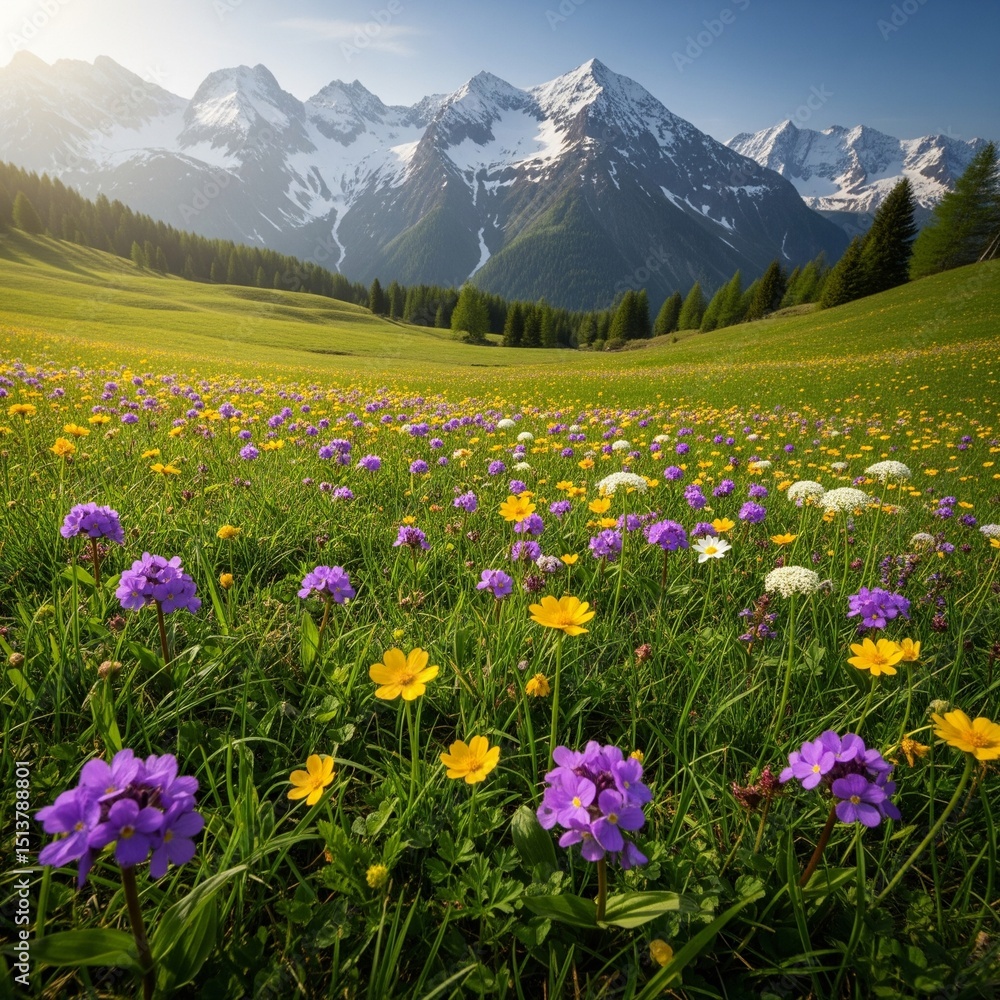Fototapeta premium Alpine Meadow in Spring with Snowy Peaks