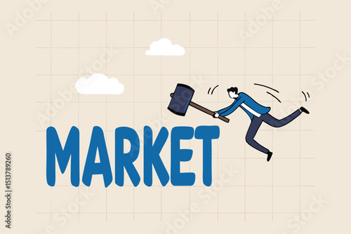 Beating the stock market, investor or active funds who win and earn more than stock market return concept, businessman investor or fund manager holding hammer to hit trying to beat the word Market.