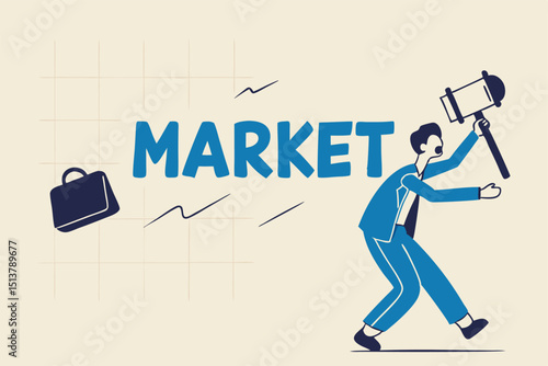 Beating the stock market, investor or active funds who win and earn more than stock market return concept, businessman investor or fund manager holding hammer to hit trying to beat the word Market.