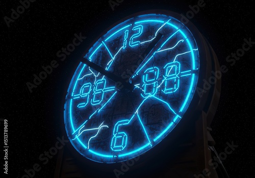 Neon clock face, cracked digital numbers, dark background