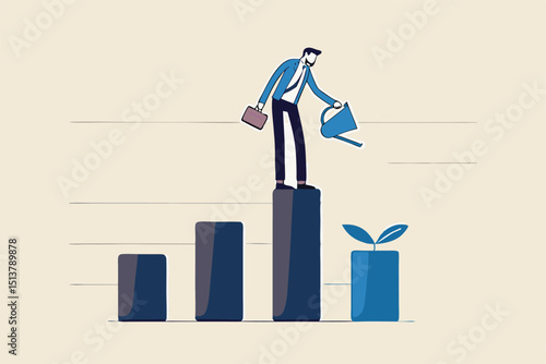 Economic recover from money stimulus, leadership to grow business, investment growth or profit and earning concept, businessman leader standing on profit bar graph watering this year growing bar chart