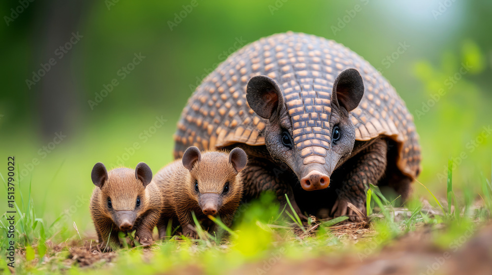 Obraz premium Armadillo with Two Young Offspring in a Lush Green Habitat under Natural Light