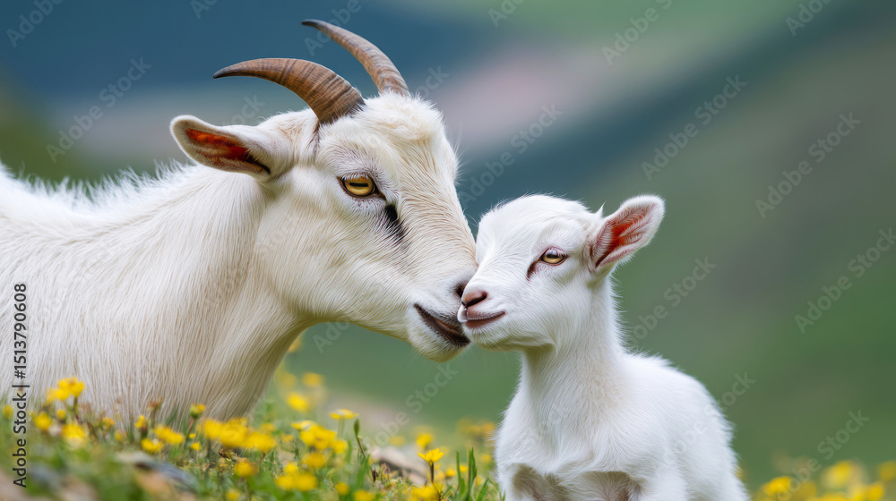 Obraz premium Tender Moment Between Mother Goat and Kid in Lush Green Landscape with Flowers