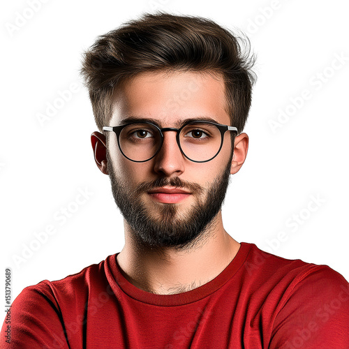 Hip bearded man in red shirt, cut out transparent