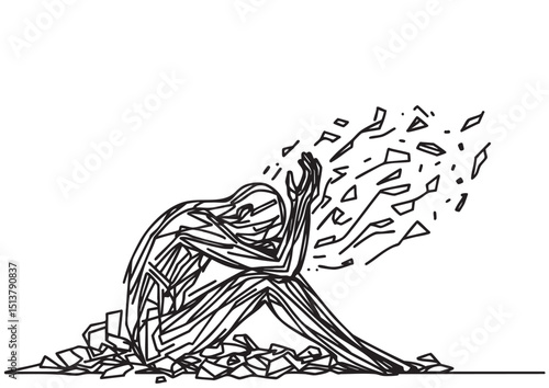 Continuous line drawings of man feeling sad, tired and worried about suffering from depression in mental health. problems, failures and concepts