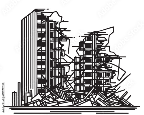 Pen and ink sketchy hand drawing of modern city building destroyed by war, riot or disaster.