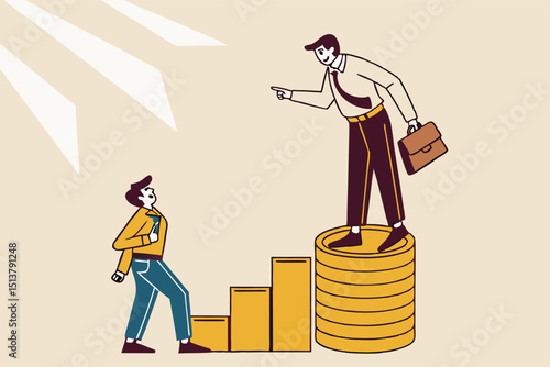 Income gap, inequality revenue in capitalism or career development to earn more income, middle income trap concept, businessman poor, middle and rich worker standing on stack of their wealth coins.