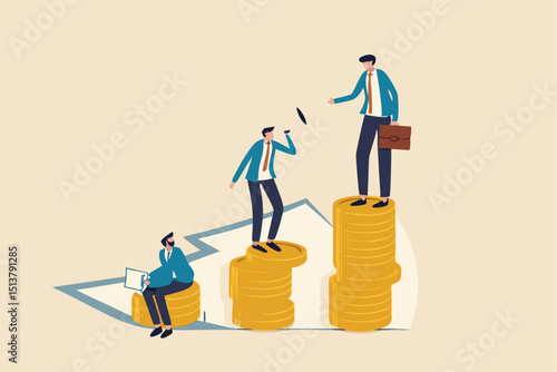 Income gap, inequality revenue in capitalism or career development to earn more income, middle income trap concept, businessman poor, middle and rich worker standing on stack of their wealth coins.