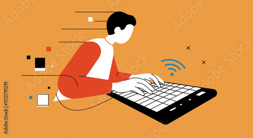 Young man typing on laptop with wireless signal illustration  