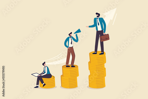 Income gap, inequality revenue in capitalism or career development to earn more income, middle income trap concept, businessman poor, middle and rich worker standing on stack of their wealth coins.