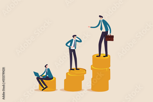 Income gap, inequality revenue in capitalism or career development to earn more income, middle income trap concept, businessman poor, middle and rich worker standing on stack of their wealth coins.