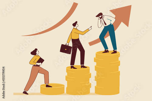 Income gap, inequality revenue in capitalism or career development to earn more income, middle income trap concept, businessman poor, middle and rich worker standing on stack of their wealth coins.