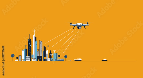 Drone flying over modern cityscape with orange background