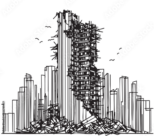 Pen and ink sketchy hand drawing of modern city building destroyed by war, riot or disaster