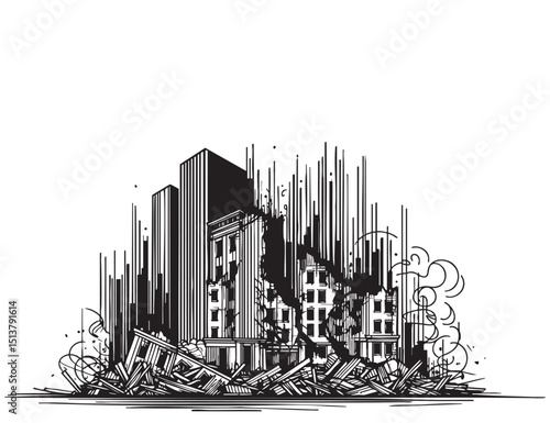 Pen and ink sketchy hand drawing of modern city building destroyed by war, riot or disaster