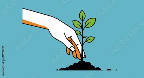 Hand planting a young green sapling into the soil on blue background  