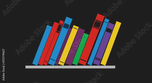 Colorful leaning books on a shelf against a black background  