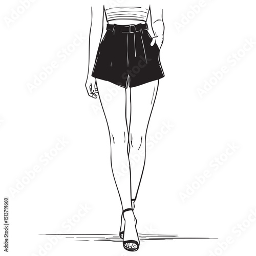 Hand drawn beautiful young woman in short. Fashion female outfit. Stylish girl in shorts. Fashion woman summer look. Sketch. Vector illustration.