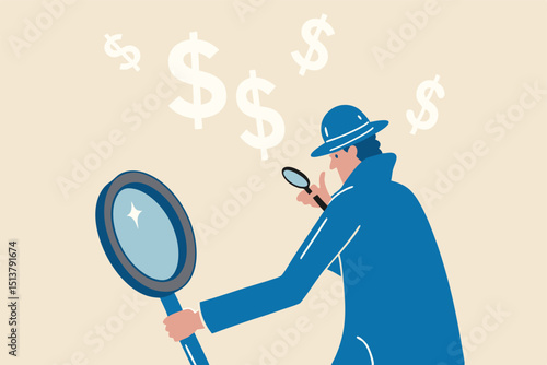 Search for investment opportunity, checking tax payment, analyze financial data or discover money earning concept, anonymous smart detective with magnifying glass smoking pipe with dollar sign smoke.