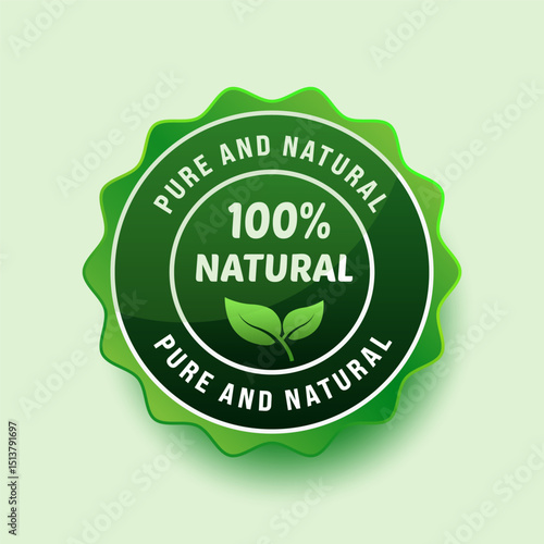 100 percent pure and natural product green sticker with leaf . Design element for packaging design and promotional material. Vector illustration.