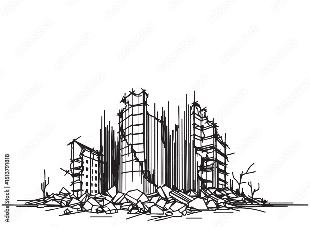 Obraz premium Pen and ink sketchy hand drawing of modern city building destroyed by war, riot or disaster