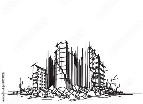 Pen and ink sketchy hand drawing of modern city building destroyed by war, riot or disaster