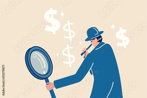 Search for investment opportunity, checking tax payment, analyze financial data or discover money earning concept, anonymous smart detective with magnifying glass smoking pipe with dollar sign smoke.