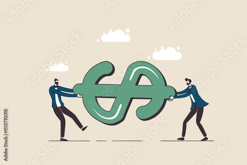 Fight for money, tug of war, business competition fight for market share or work conflict concept, greedy businessmen company owner or worker pulling tug of war money dollar sign with full effort.