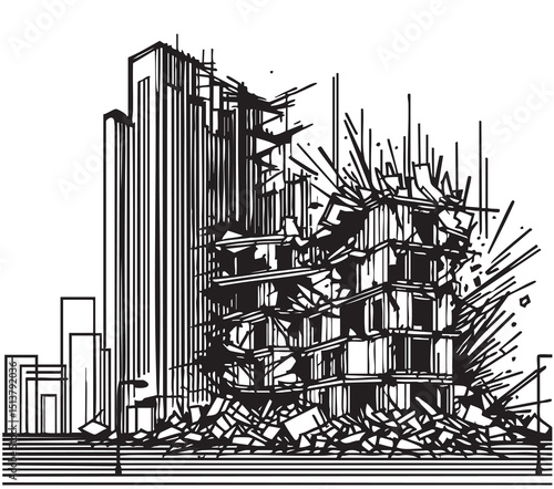 Pen and ink sketchy hand drawing of modern city building destroyed by war, riot or disaster.