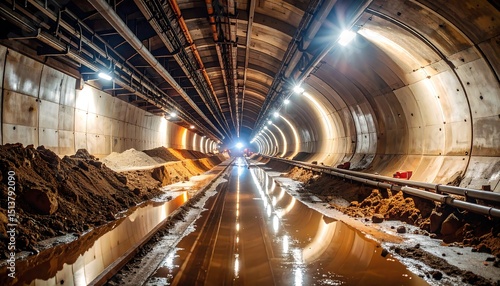 Tunnel Construction Site with Water Reflection and Illuminated Lights