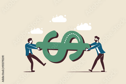 Fight for money, tug of war, business competition fight for market share or work conflict concept, greedy businessmen company owner or worker pulling tug of war money dollar sign with full effort.