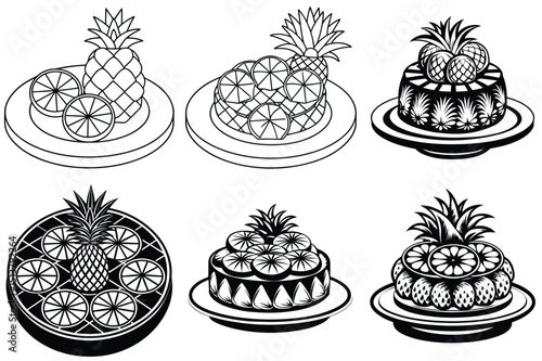 Pineapple upside down cake silhouette vector illustration isolated on white background.
