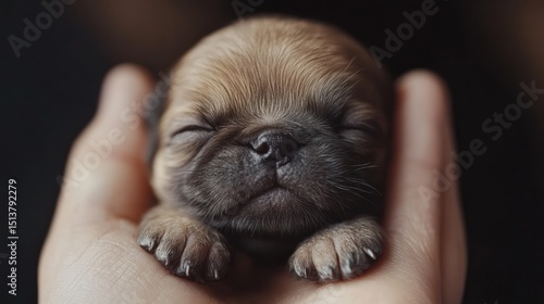 Tiny pug puppy held gently in a hand