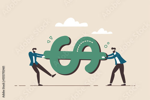 Fight for money, tug of war, business competition fight for market share or work conflict concept, greedy businessmen company owner or worker pulling tug of war money dollar sign with full effort.