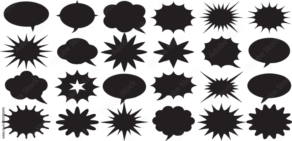 Comic Speech Bubble and Explosion Shape Set – Black Silhouette Vector Icons Comic Speech Bubble and Explosion Shape Set – Black Silhouette Vector Icons