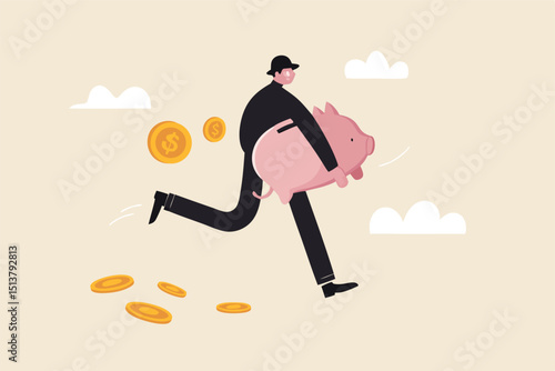 Financial crime, stealing money, investment risk or banking security concept, young man with black mask bandit costume or thief stealing or carrying wealthy piggy bank away with dollar coins falling.
