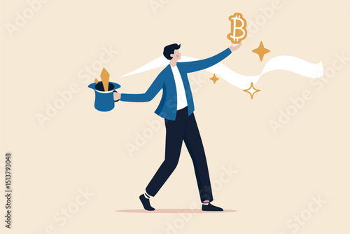 Bitcoin mining, high price bitcoin cryptocurrency concept, businessman successfully pull shiny Bitcoin with rabbit ears from magician hat.
