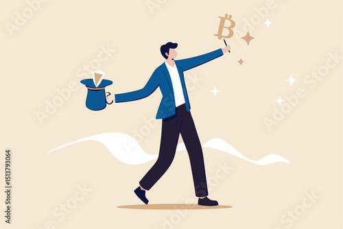 Bitcoin mining, high price bitcoin cryptocurrency concept, businessman successfully pull shiny Bitcoin with rabbit ears from magician hat.