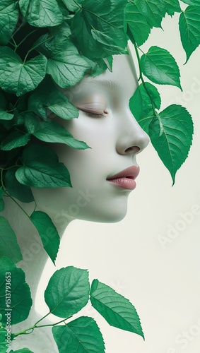 Double Exposure Portrait with Green Leaves Serene Human Nature Blend in Ethereal Style