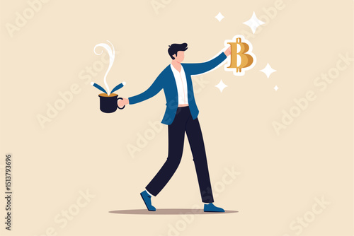 Bitcoin mining, high price bitcoin cryptocurrency concept, businessman successfully pull shiny Bitcoin with rabbit ears from magician hat.