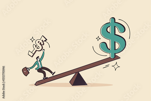 Leverage investing, investor borrow money or stock to increase potential return concept, businessmen investor borrow money coin from other to use to leverage the seesaw to gain big dollar money sign.