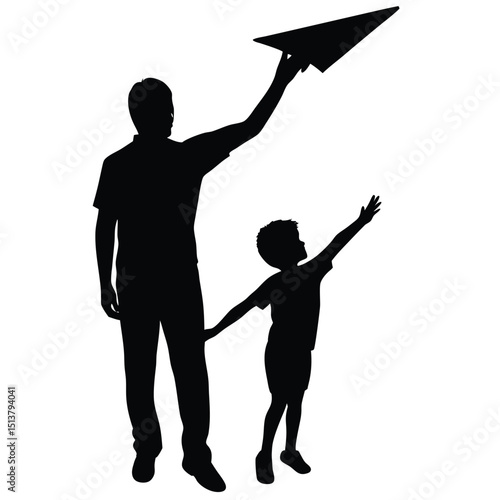 A man and a boy are flying a paper airplane outdoors together happily